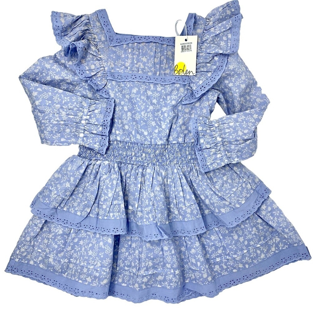 Mini Boden Blue Floral Tiered Ruffle Prairie Dress 8-9Y Babydoll Coquette Spring